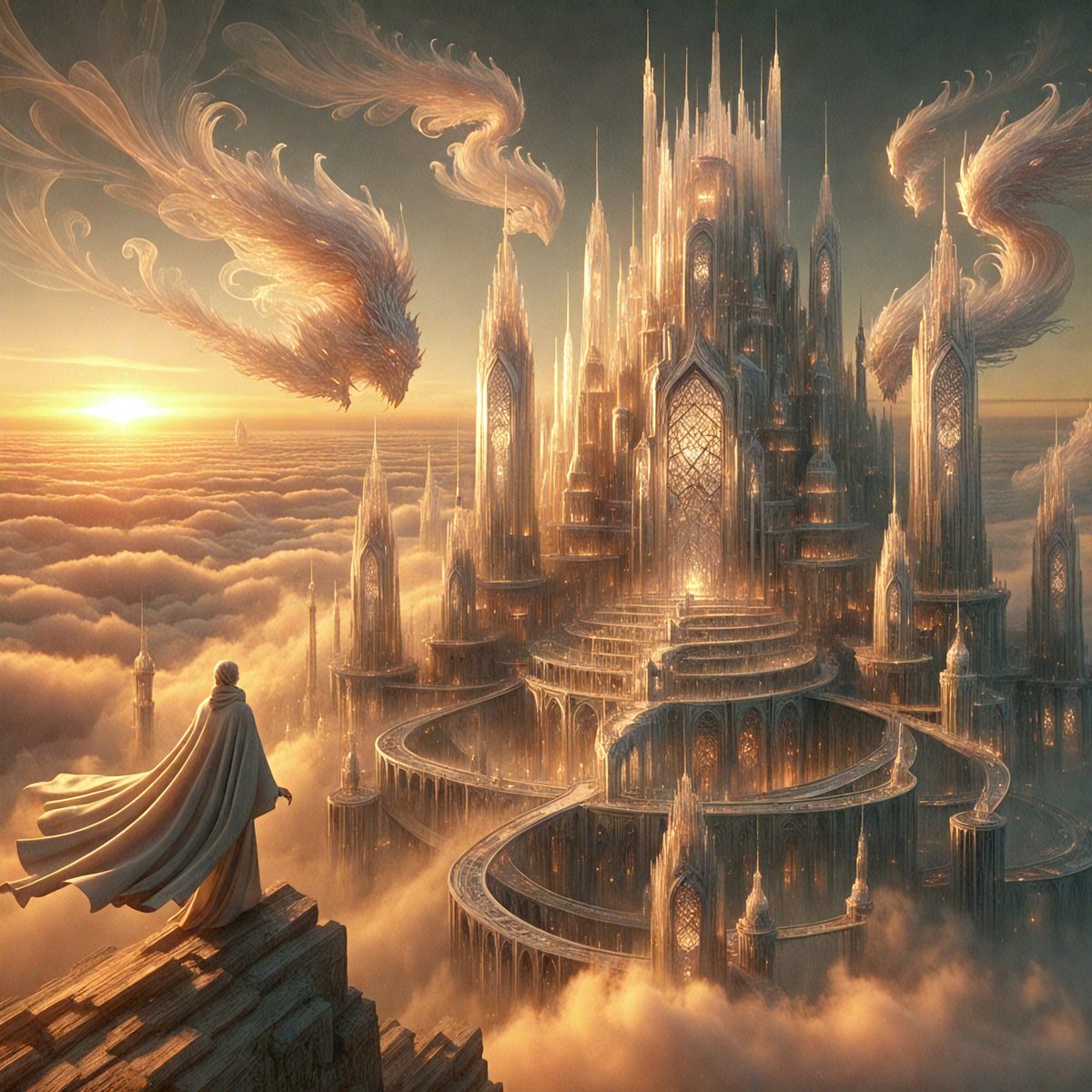 The primary subject of the image is a large, intricate castle with a dragon on top. The setting is a cloudy sky, and the visual style is digital art. The colors and mood of the image are predominantly dark and dramatic, with the castle and dragon standing out against the cloudy backdrop.